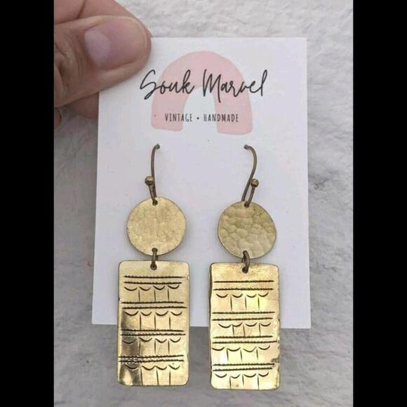 Handmade In Morocco Artisan Etched Brass Rectangle Geometric Dangle Earrings - Picture 1 of 3